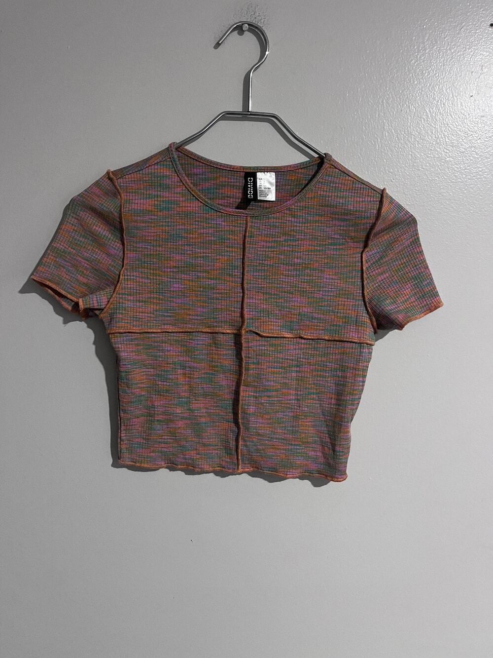H&M T-Shirt Womens S Multicolor Cropped Ruffle Striped Slim Stretch Lightweight